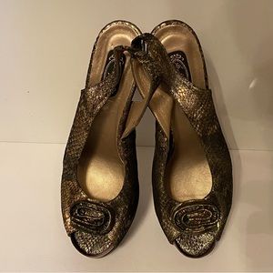 SALPY SHOES MULES HEELS PEEPTOE SLINGBACK BLACK GRAY GOLD LEATHER Size 9.5 USA